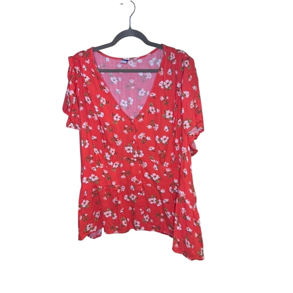 Old Navy Womens 4X‎ Coral Red Floral Peplum Button Front V-Neck Blouse New
